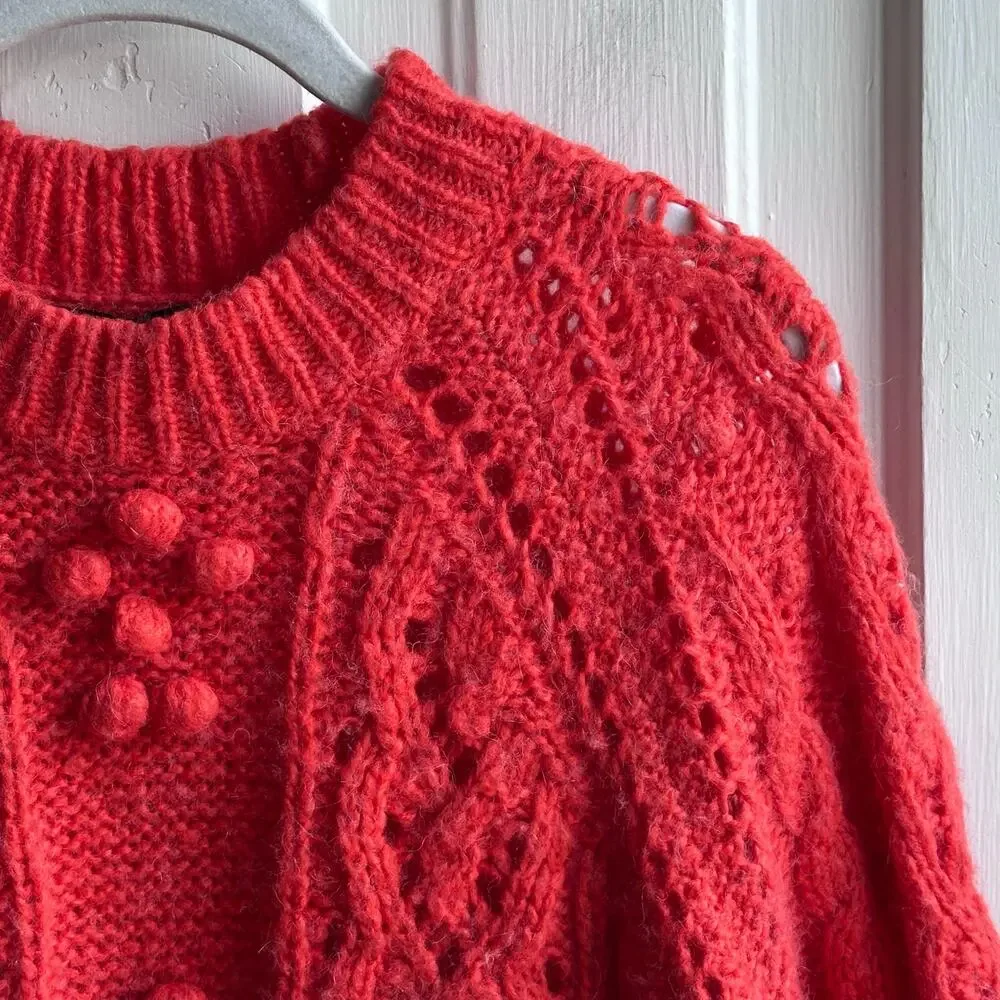 J.Crew Textured Alpaca Blend Pom Pom Cable Knit Sweater – Size Small